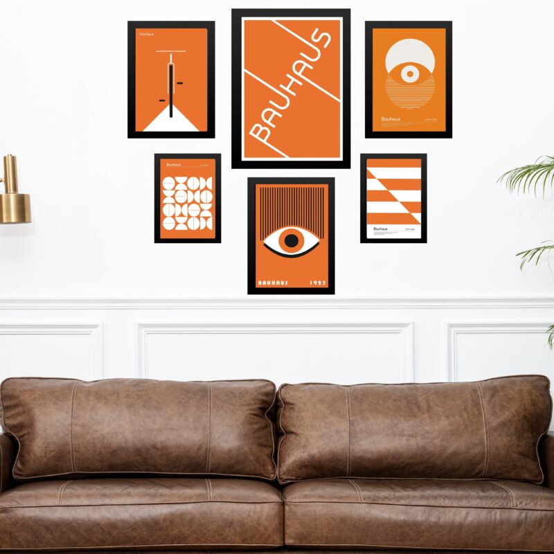 Composição 6 Quadros Bauhaus Laranja e Branco