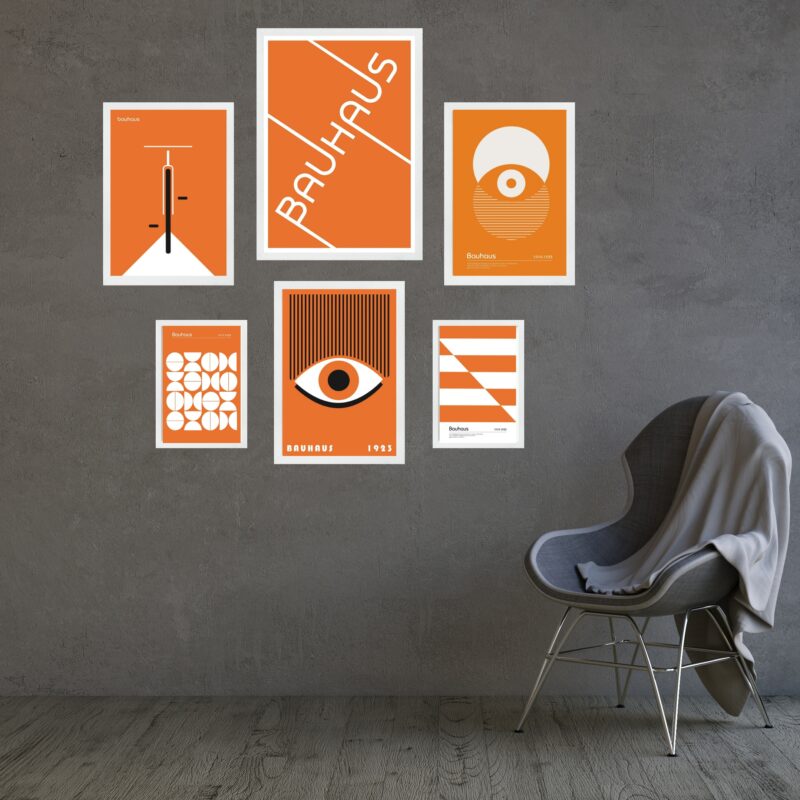 Composição 6 Quadros Bauhaus Laranja e Branco