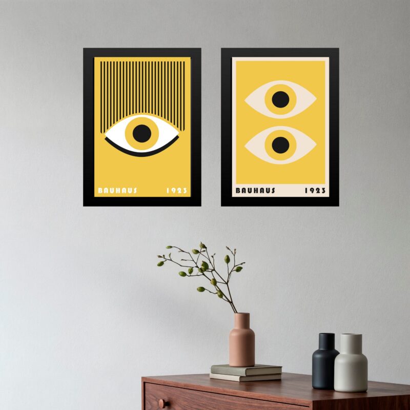Kit 2 Quadros Arte Bauhaus Olhos Preto e Amarelo