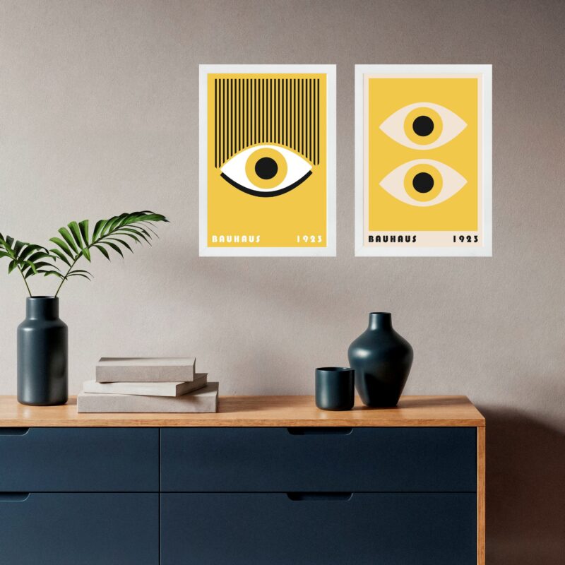Kit 2 Quadros Arte Bauhaus Olhos Preto e Amarelo