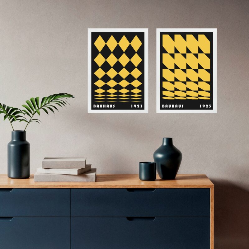 Kit 2 Quadros Arte Geométrica Bauhaus Preto e Amarelo