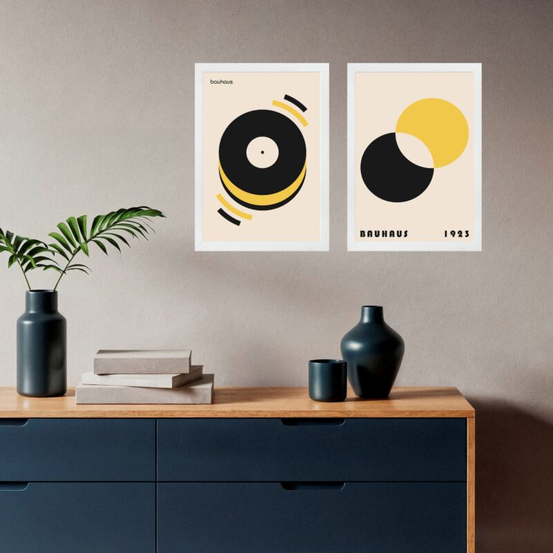 Kit 2 Quadros Artes Bauhaus Discos - Preto e Amarelo