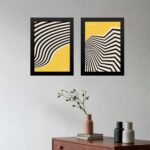Kit 2 Quadros Bauhaus Listras Curvas - Preto e Amarelo