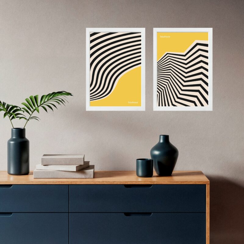 Kit 2 Quadros Bauhaus Listras Curvas - Preto e Amarelo
