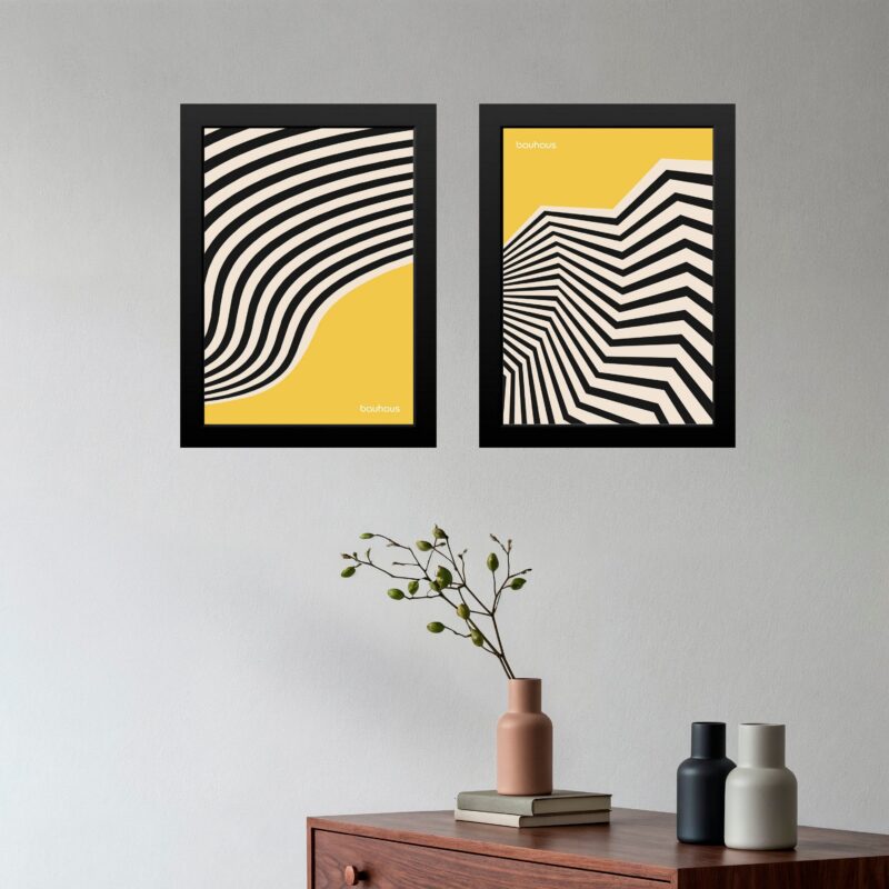 Kit 2 Quadros Bauhaus Listras Curvas - Preto e Amarelo