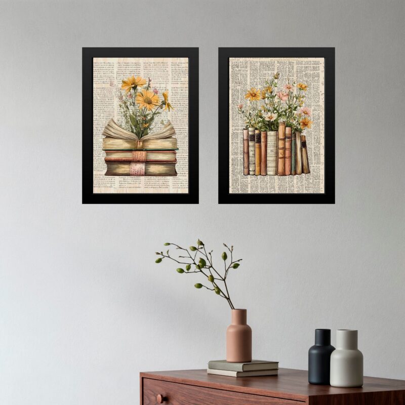Kit 2 Quadros Vintage Livros Com Flores do Campo