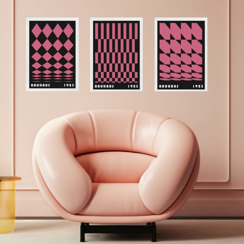 Kit 3 Quadros Artes Bauhaus Black and Pink