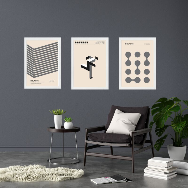 Kit 3 Quadros Artes Bauhaus Cinza e Bege Minimalistas