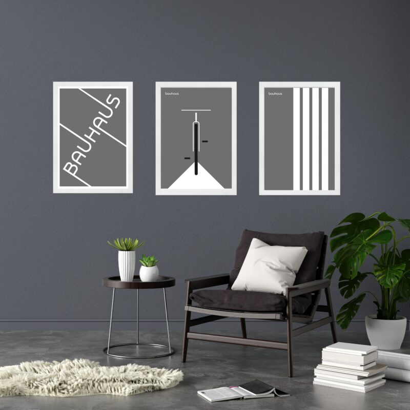 Kit 3 Quadros Artes Bauhaus Cinza e Branco - Bicicleta
