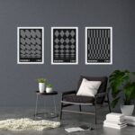 Kit 3 Quadros Artes Bauhaus Cinza e Preto Geométricas