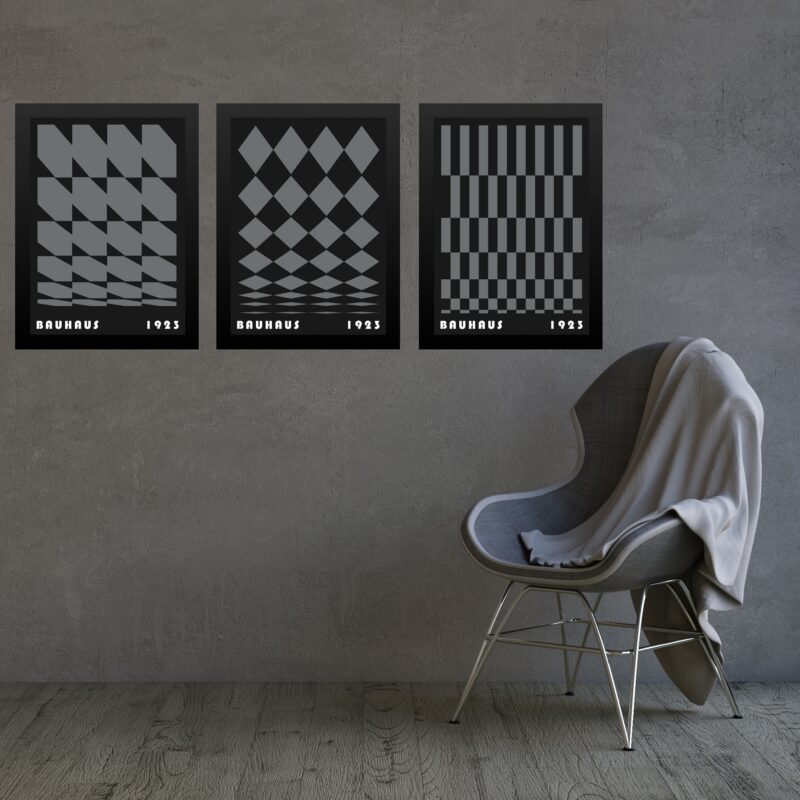 Kit 3 Quadros Artes Bauhaus Cinza e Preto Geométricas