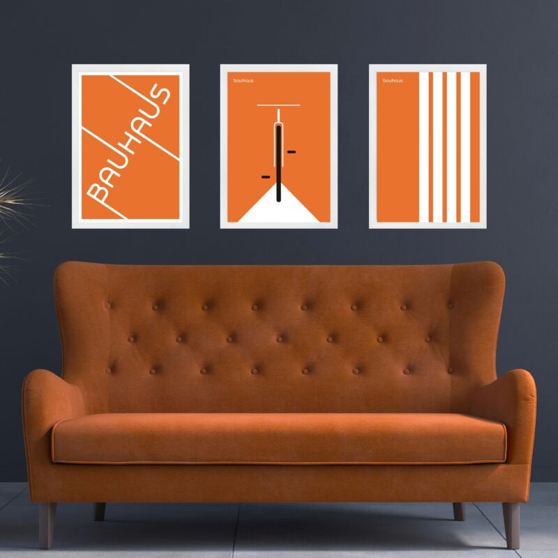Kit 3 Quadros Artes Bauhaus Laranja Bicicleta