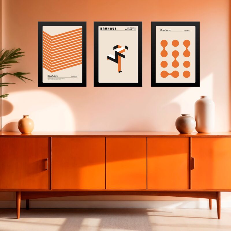 Kit 3 Quadros Artes Bauhaus Laranja e Bege