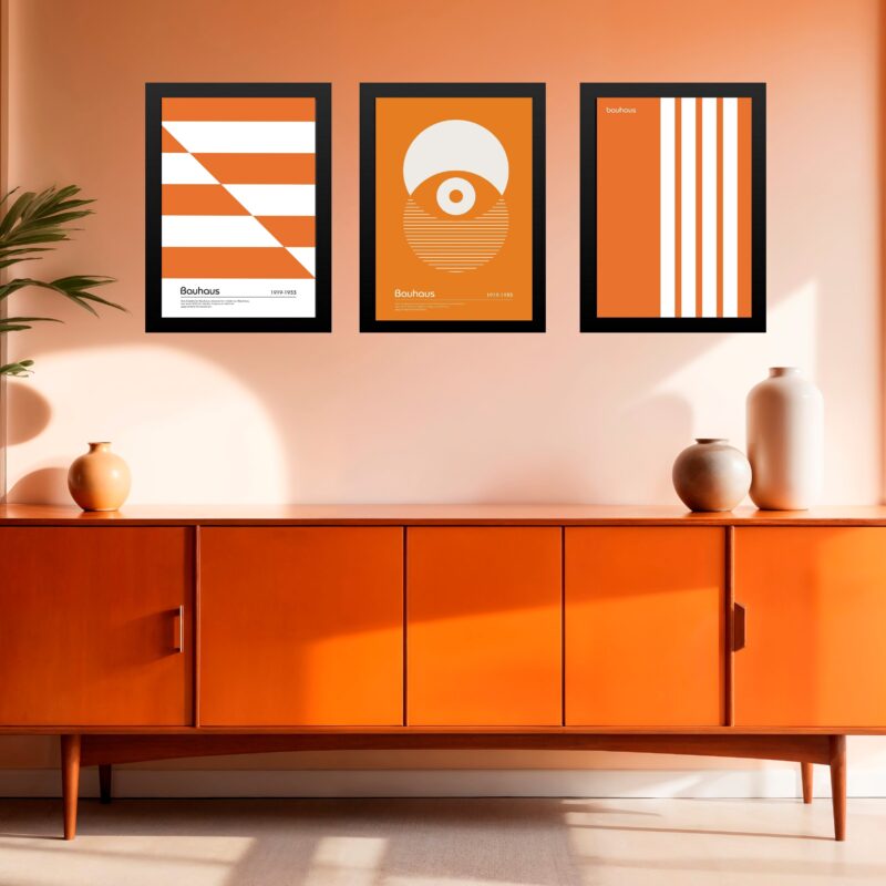 Kit 3 Quadros Artes Bauhaus Laranja e Branco
