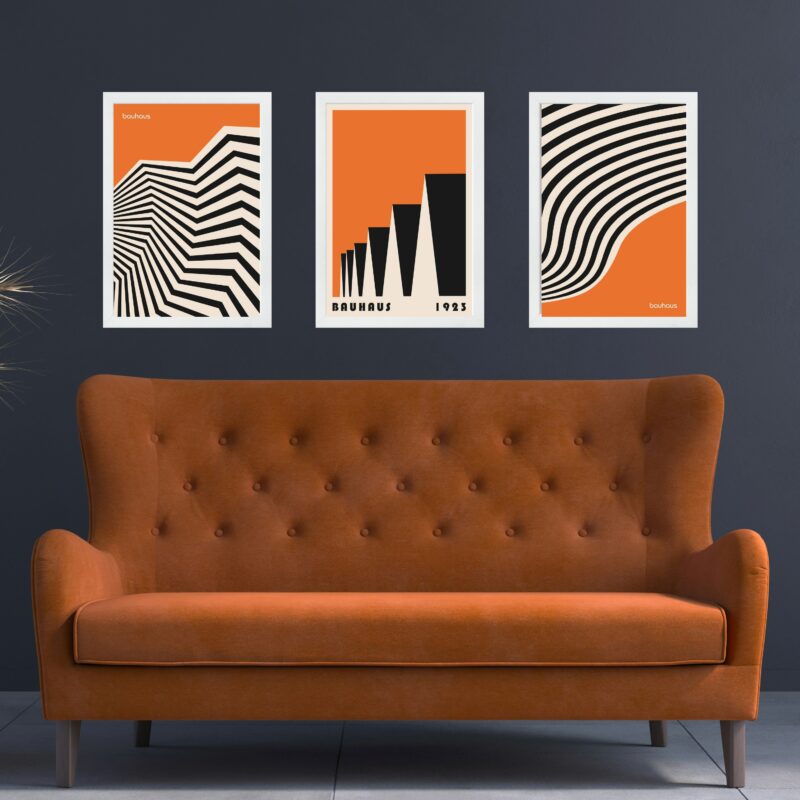 Kit 3 Quadros Artes Bauhaus Laranja e Preto