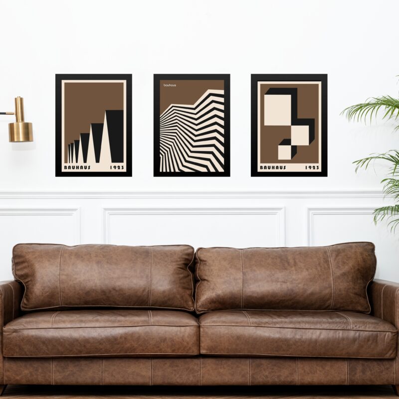 Kit 3 Quadros Artes Bauhaus Preto e Marrom