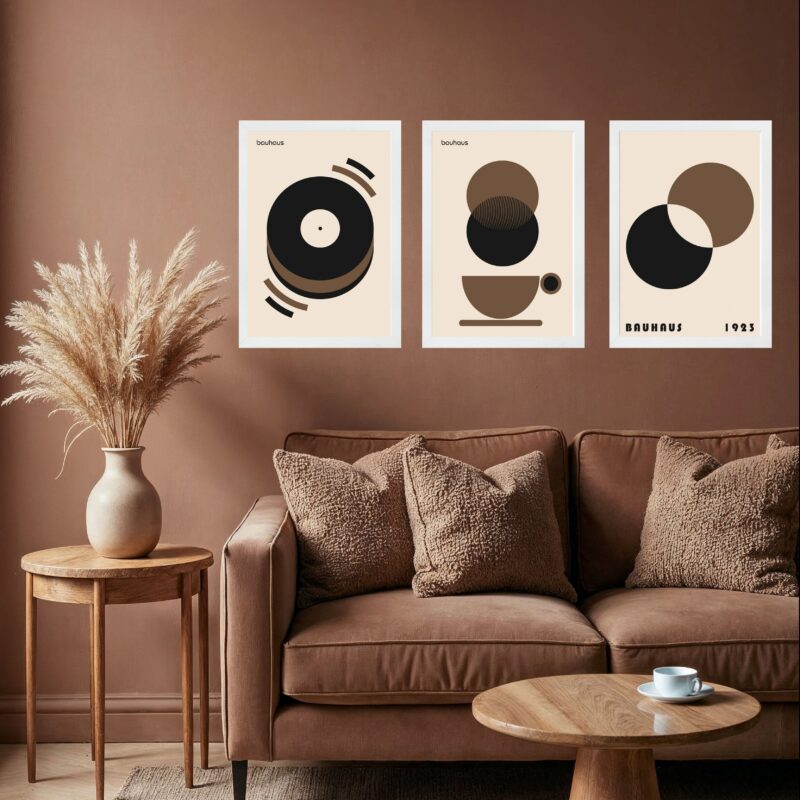 Kit 3 Quadros Artes Bauhaus Preto e Marrom Café