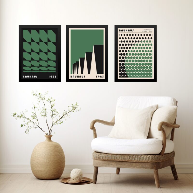 Kit 3 Quadros Artes Bauhaus Preto e Verde