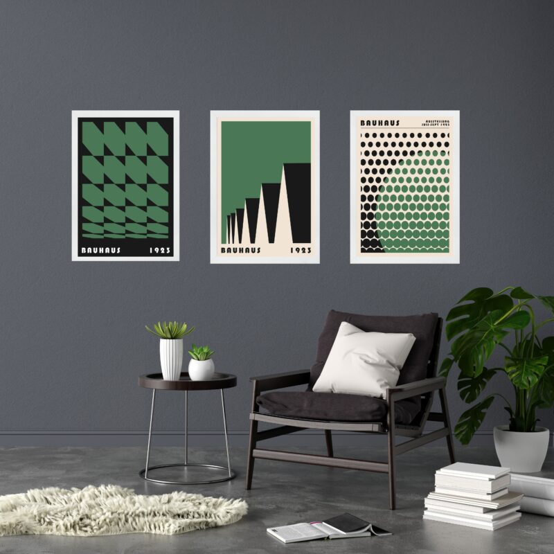 Kit 3 Quadros Artes Bauhaus Preto e Verde