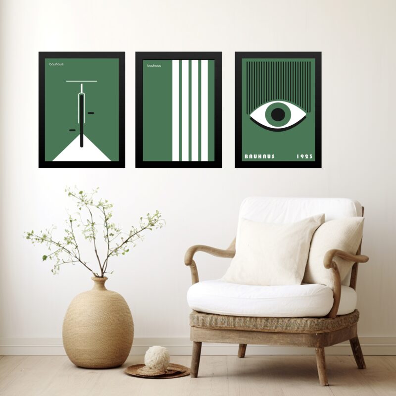 Kit 3 Quadros Artes Bauhaus Verde e Branco
