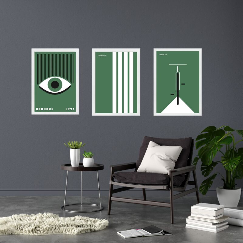 Kit 3 Quadros Artes Bauhaus Verde e Branco