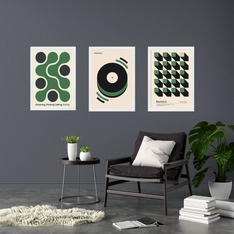 Kit 3 Quadros Artes Bauhaus Verde e Preto