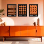 Kit 3 Quadros Artes Geométricas Bauhaus Laranja e Preto