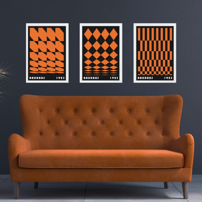 Kit 3 Quadros Artes Geométricas Bauhaus Laranja e Preto