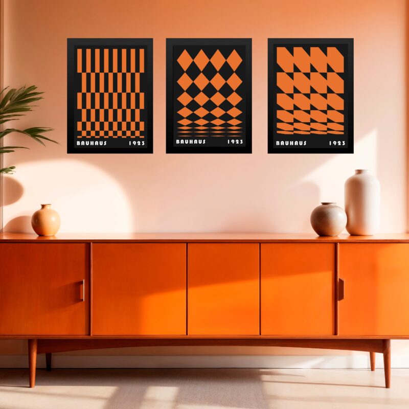 Kit 3 Quadros Artes Geométricas Bauhaus Laranja e Preto
