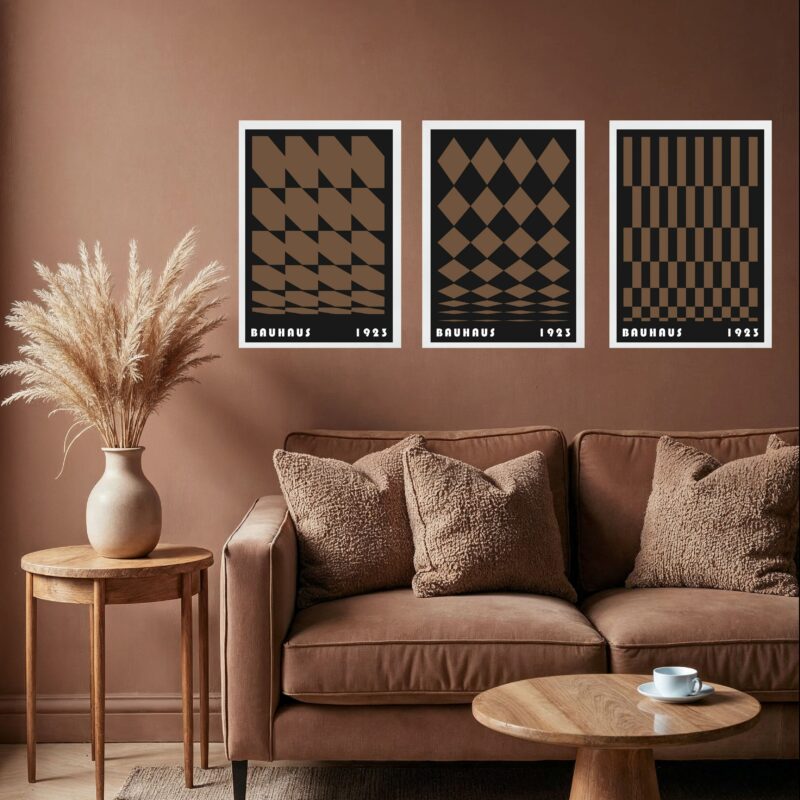Kit 3 Quadros Artes Geométricas Bauhaus Preto e Marrom