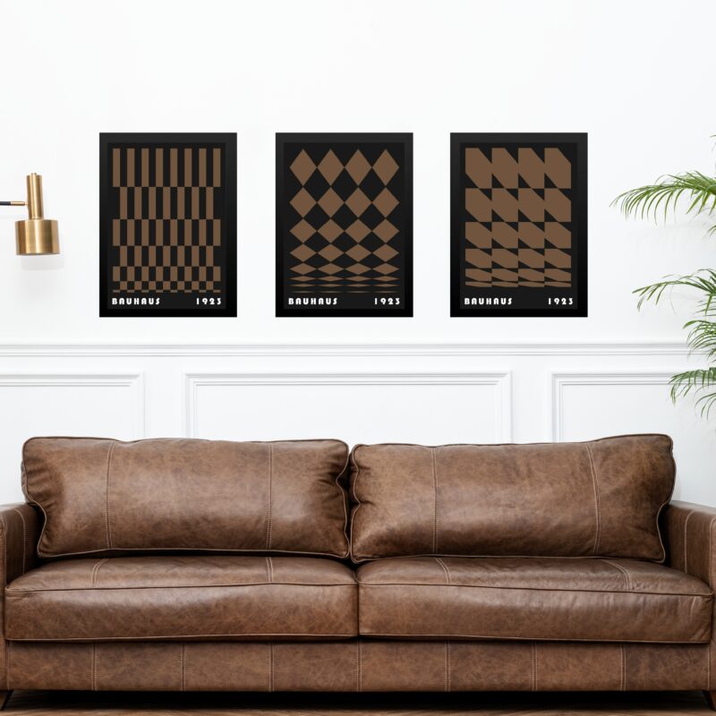 Kit 3 Quadros Artes Geométricas Bauhaus Preto e Marrom
