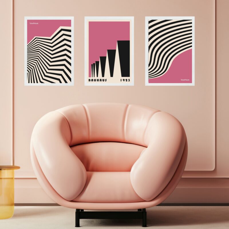 Kit 3 Quadros Bauhaus Geométricos Rosa e Preto