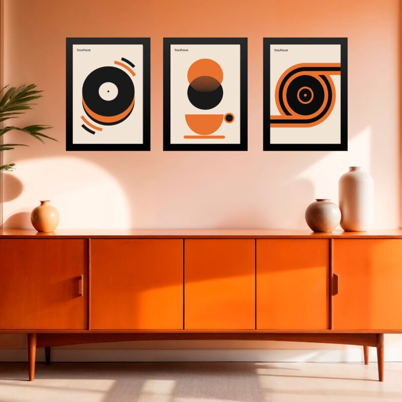 Kit 3 Quadros Bauhaus Laranja - Café e Música