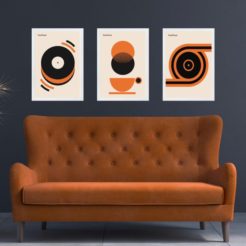 Kit 3 Quadros Bauhaus Laranja - Café e Música