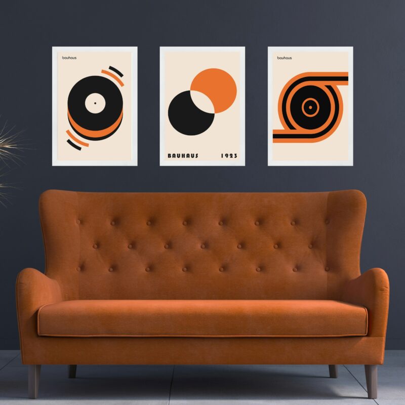 Kit 3 Quadros Bauhaus Laranja e Preto - Círculos