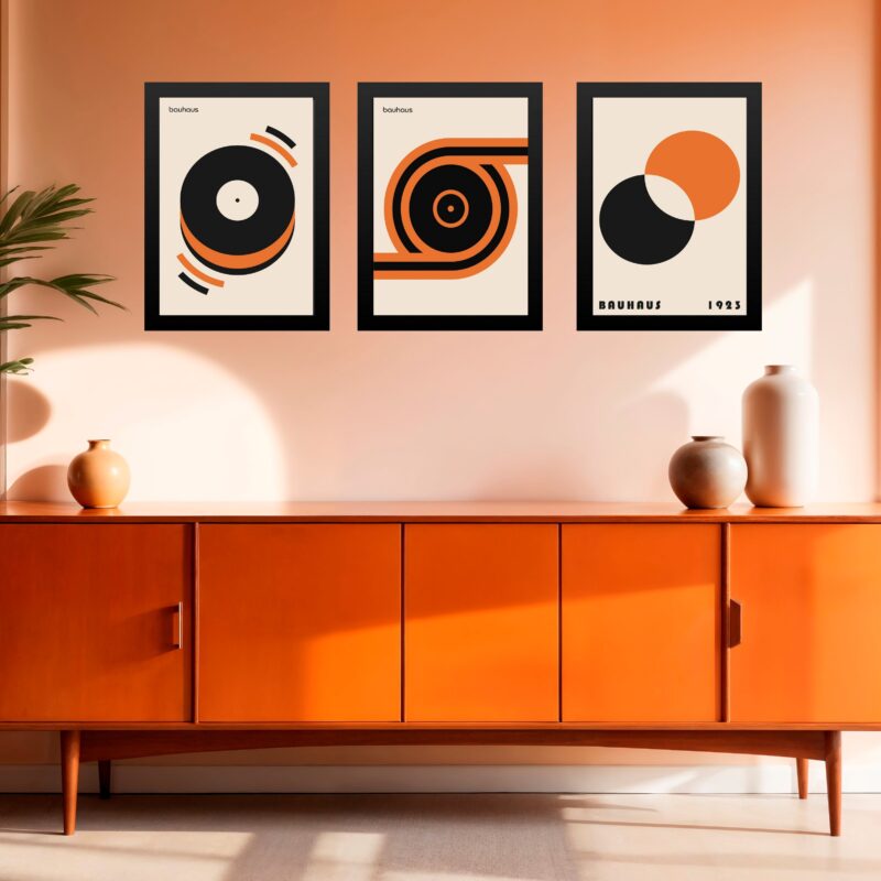 Kit 3 Quadros Bauhaus Laranja e Preto - Círculos
