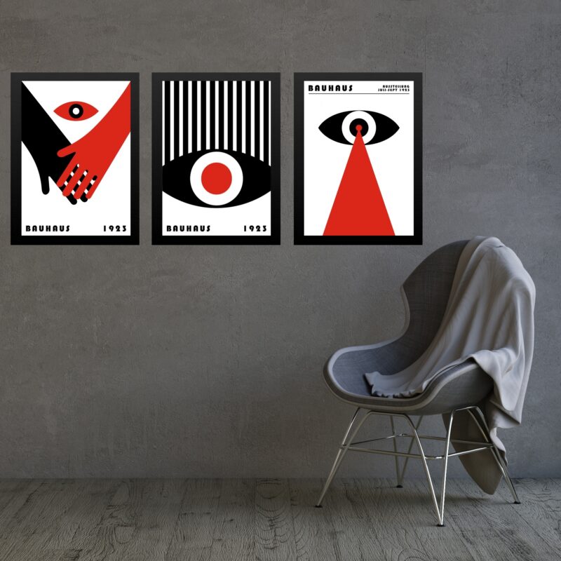 Kit 3 Quadros Bauhaus Olhos Vermelho e Preto