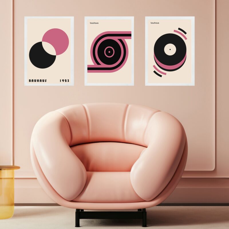 Kit 3 Quadros Bauhaus Rosa Preto e Bege