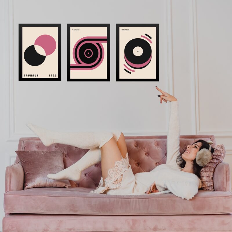 Kit 3 Quadros Bauhaus Rosa Preto e Bege