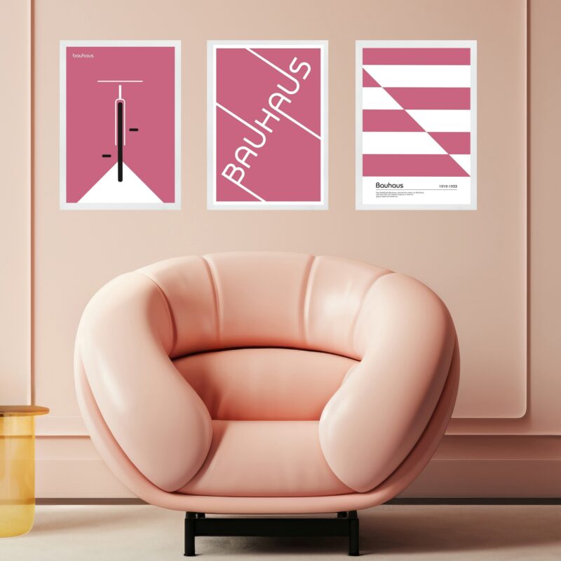 Kit 3 Quadros Bauhaus Rosa e Branco
