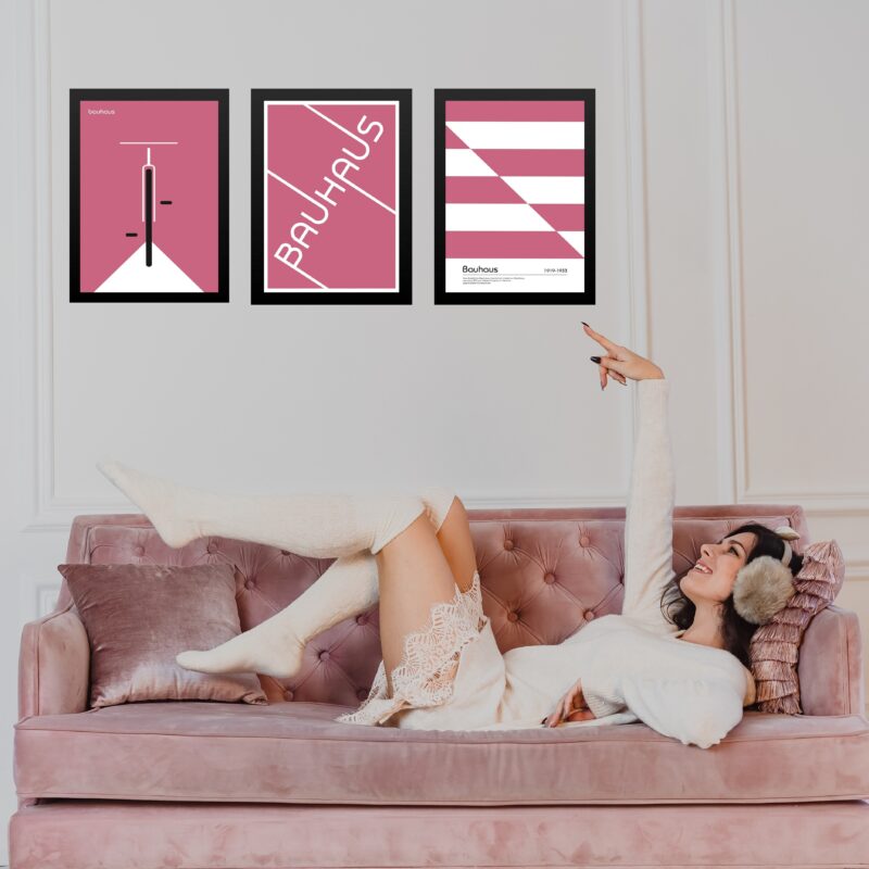 Kit 3 Quadros Bauhaus Rosa e Branco