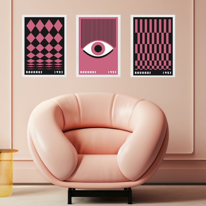 Kit 3 Quadros Bauhaus Rosa e Preto