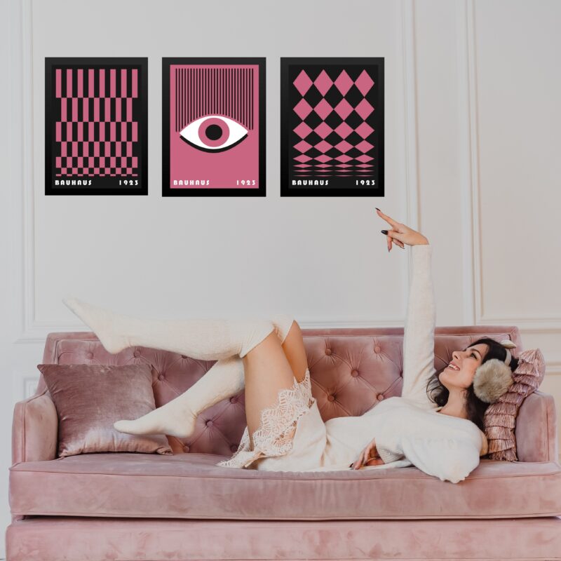 Kit 3 Quadros Bauhaus Rosa e Preto