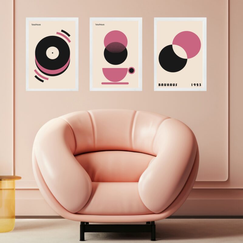 Kit 3 Quadros Bauhaus Rosa e Preto - Círculos Café