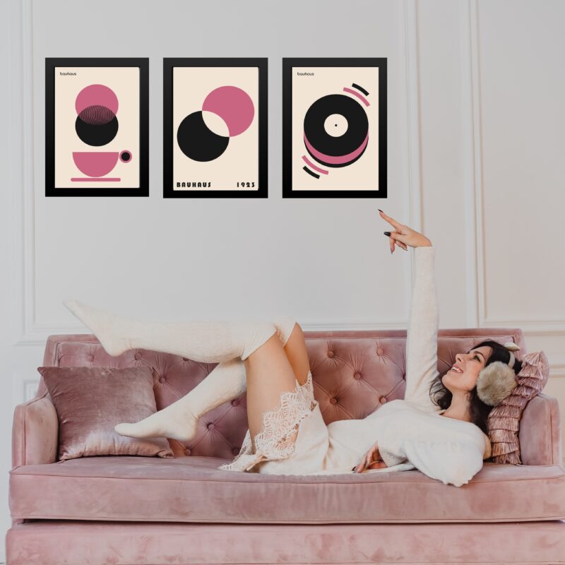 Kit 3 Quadros Bauhaus Rosa e Preto - Círculos Café