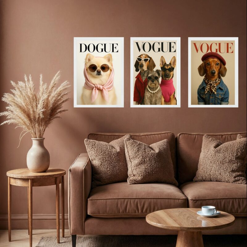 Kit 3 Quadros Decorativos Cães Capa De Revista