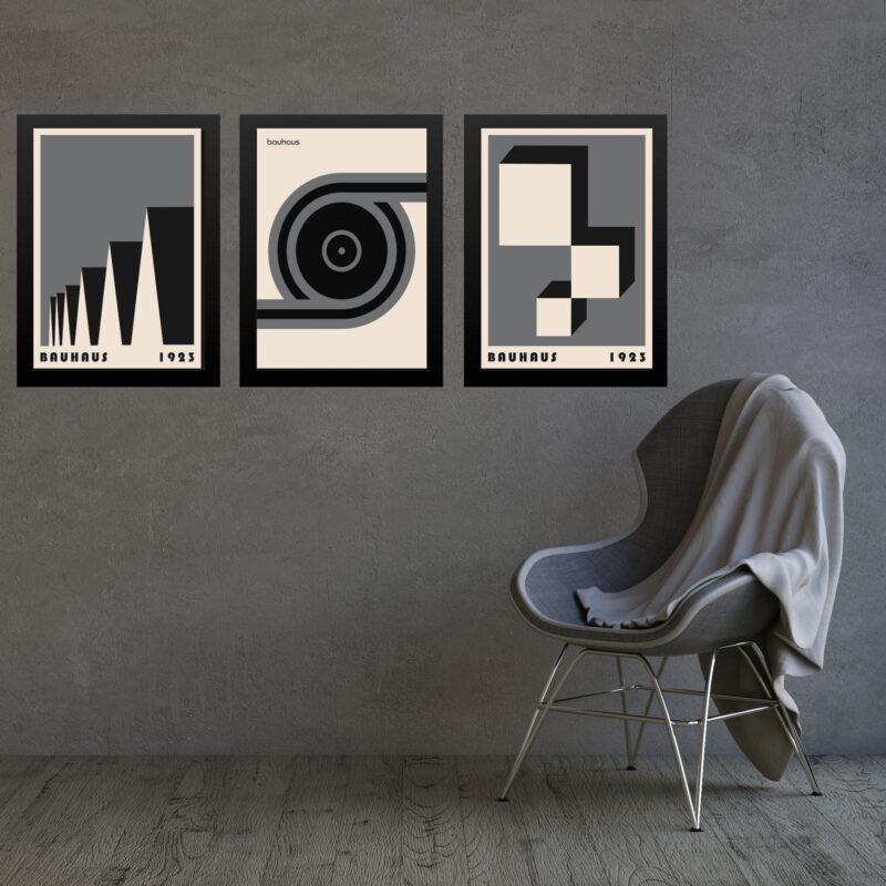 Kit 3 Quadros Geométricos Bauhaus Cinza e Preto