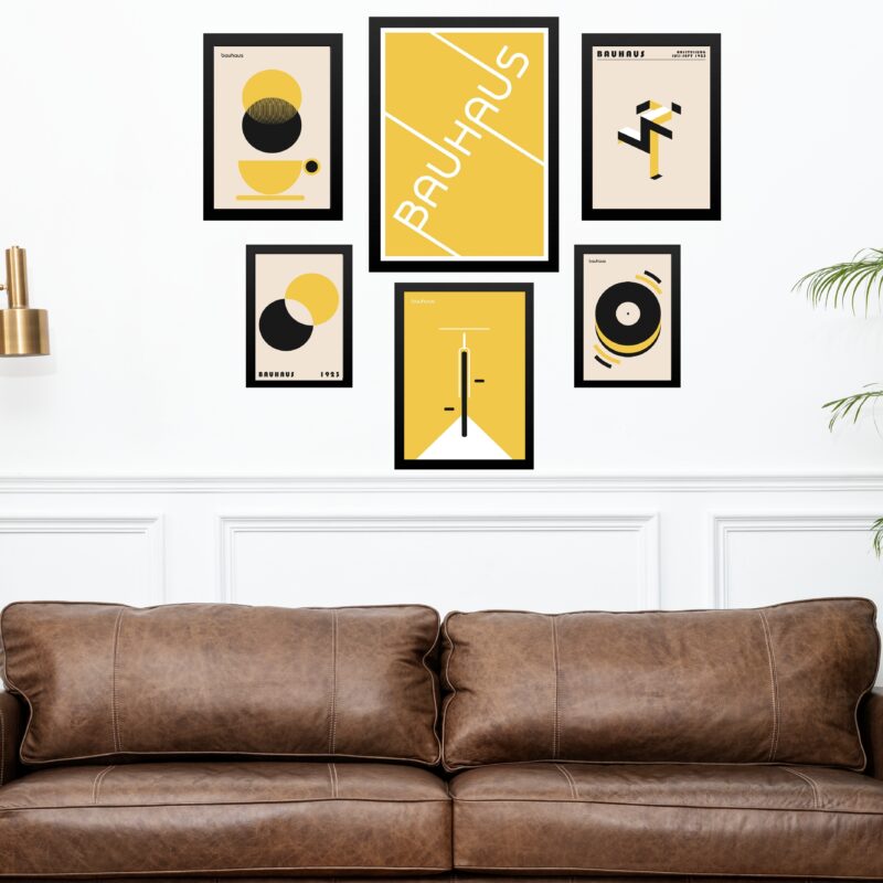Kit Composição 6 Quadros Artes Bauhaus Amarelo e Preto