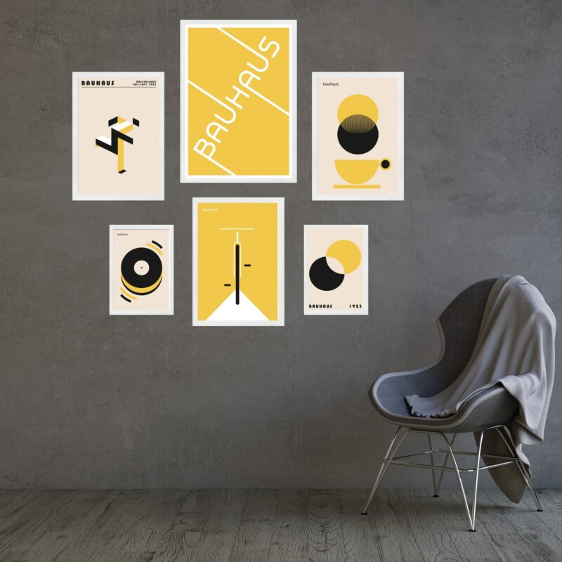 Kit Composição 6 Quadros Artes Bauhaus Amarelo e Preto
