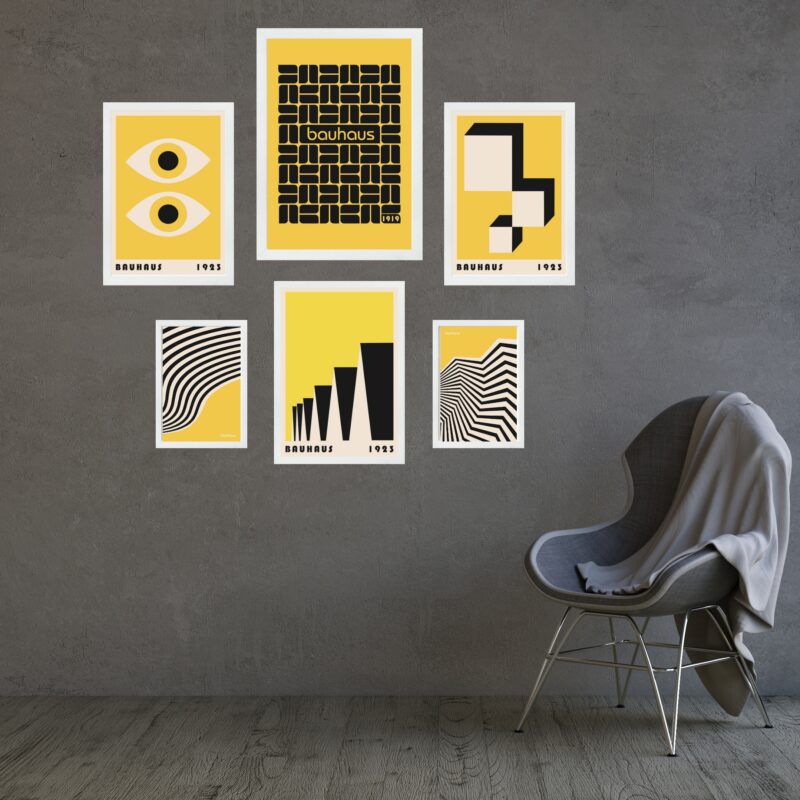 Kit Composição 6 Quadros Artes Bauhaus Preto e Amarelo